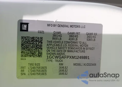 2021 Chevrolet Express G2500 Rwd 2500 Regular Wheelbase Wt z USA, uszkodzony, nr VIN 1GCWGAFPXM1249891